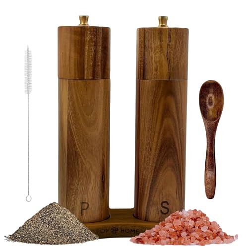 Wooden Salt And Pepper Grinder Set - 8″ Acacia Mills, Adjustable Ceramic Core, Refillable Wood Salt and Pepper Shakers With Tray, Spoon & Brush | Amazon (US)