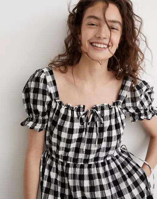 Square-Neck Tiered Mini Dress in Gingham Seersucker | Madewell