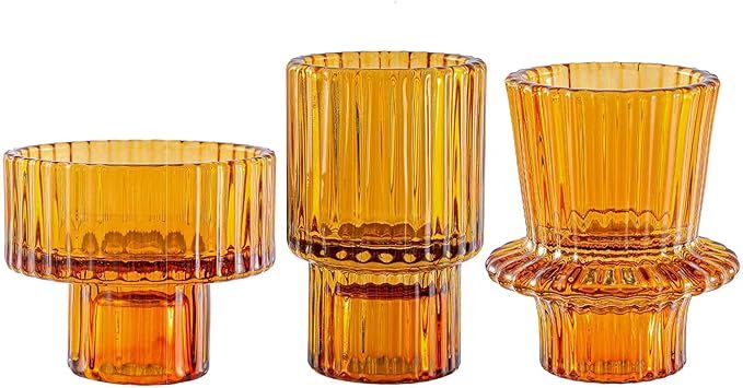Glass Candlestick Holders Set of 3, Amber Taper Candle Holder, Glass Candle Holder for Taper Cand... | Amazon (US)