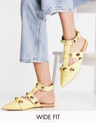 ASOS DESIGN Wide Fit Lorina studded ballet flats in lemon | ASOS (Global)