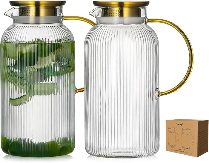 2 PACK Glass Pitcher with Lid, 68 oz/ 2L Classic Vertical Stripes Water Pitcher with Handle,Glass... | Amazon (US)