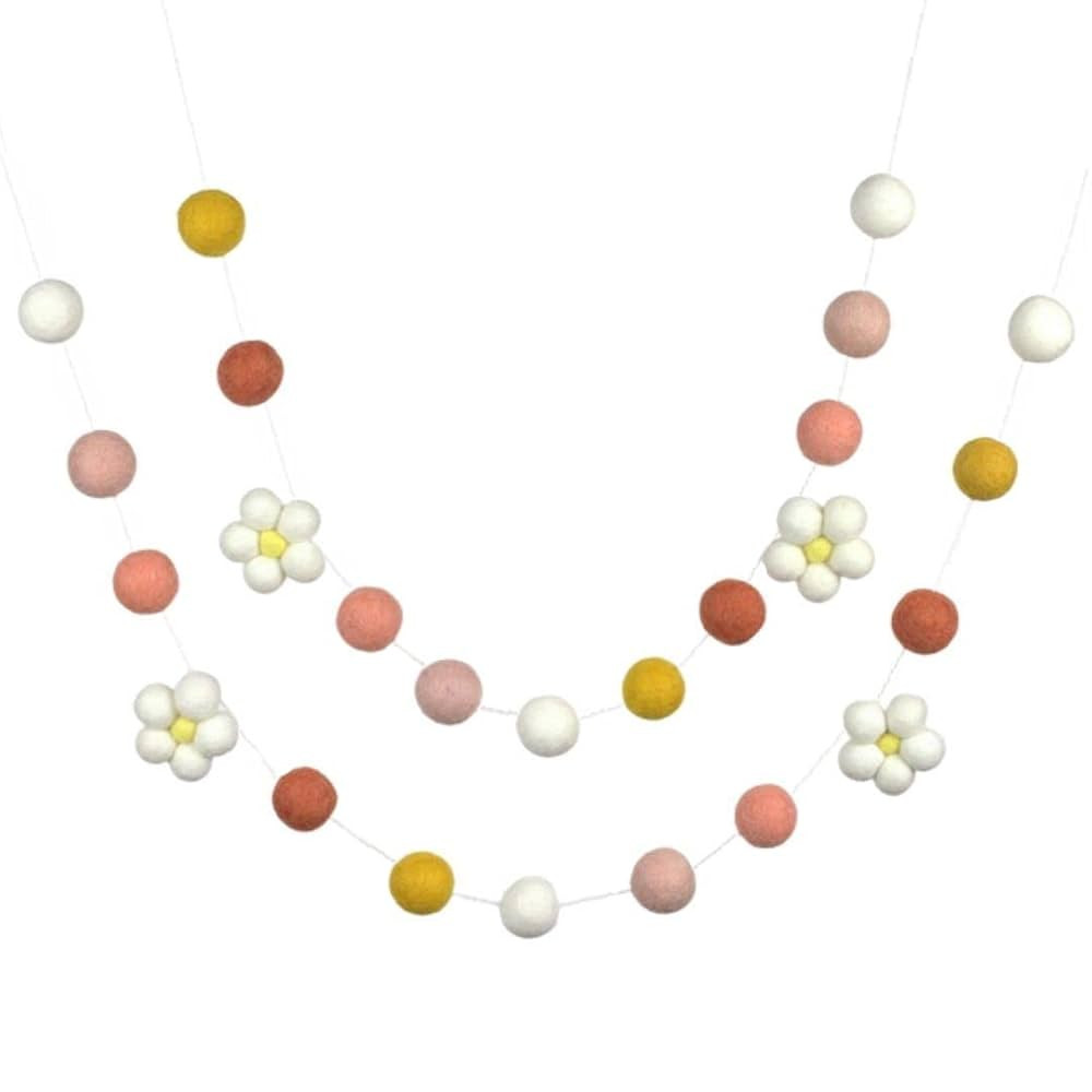 Daisy Flower Felt Ball Garland- White Daisies & Peach, Golden, Terra Cotta Felt Balls- Summer Spr... | Amazon (US)