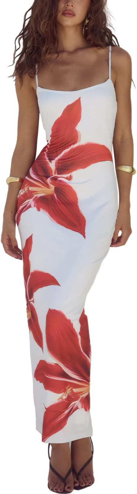 Womens Summer Casual Floral Dresses Spaghetti Strap Bodycon Maxi Beach Dress Elegant Evening Part... | Amazon (US)