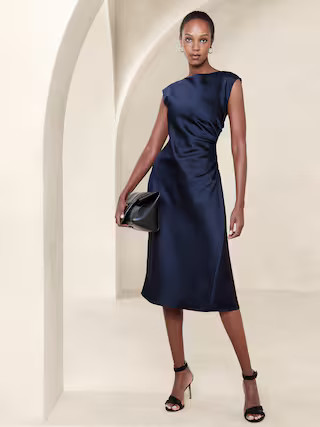 Shirred-Side Satin Midi Dress | Banana Republic Factory
