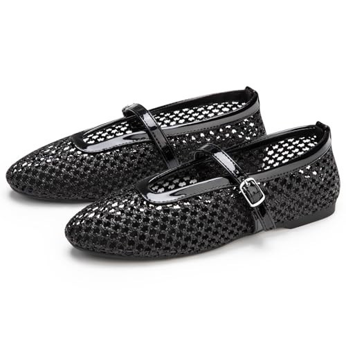 ATHMILE Mesh Ballet Flats for Women Buckle Strap Flat Heel Ballerina Shoes Summer Dress Sandals Black | Amazon (US)