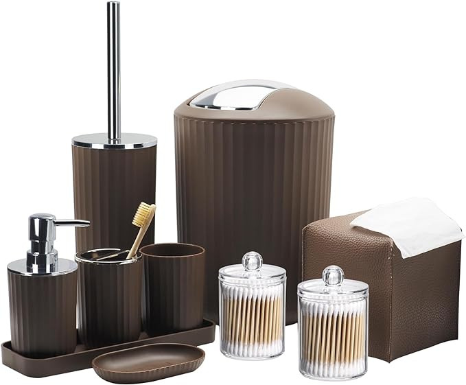 Bathroom Accessory Set - 10 Piece Brown Bathroom Accessories Set with Trash Can, Toothbrush Holde... | Amazon (US)