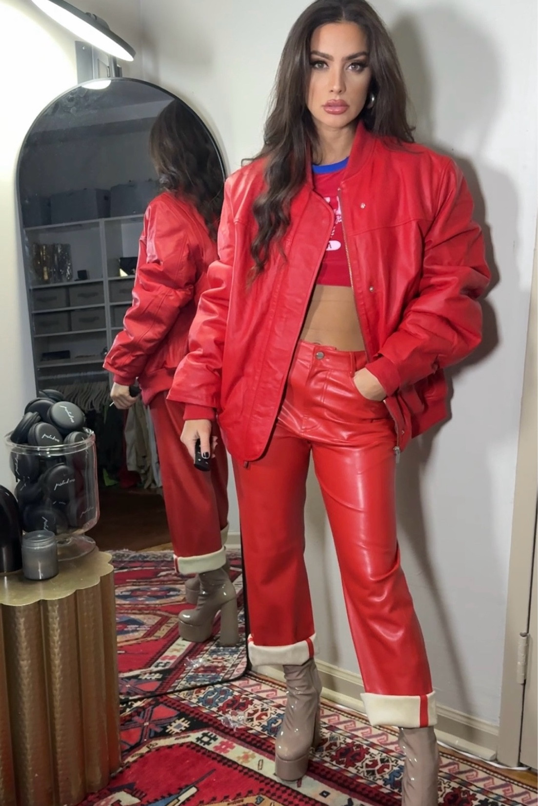 Red leather pants + bomber 
