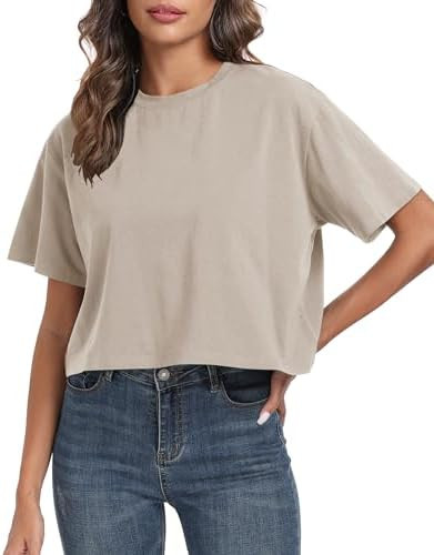 PRIMODA Women's Oversized Workout Cropped T Shirts Crew Neck Short Sleeve Casual Loose Summer Cro... | Amazon (US)