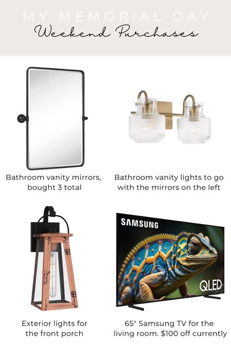 My Memorial Day Weekend Sale Purchases | Pivot mirror, black pivot mirror for bathroom, pivot mirror for bathroom, Nyla vanity light, fluted glass vanity light, gold vanity light, brass vanity light, champagne bronze vanity light, copper exterior lights, copper front porch light, copper lantern, Samsung smart tv, Samsung 65” smart tv, Memorial Day weekend finds, sale finds, home finds 

#LTKHome #LTKSaleAlert