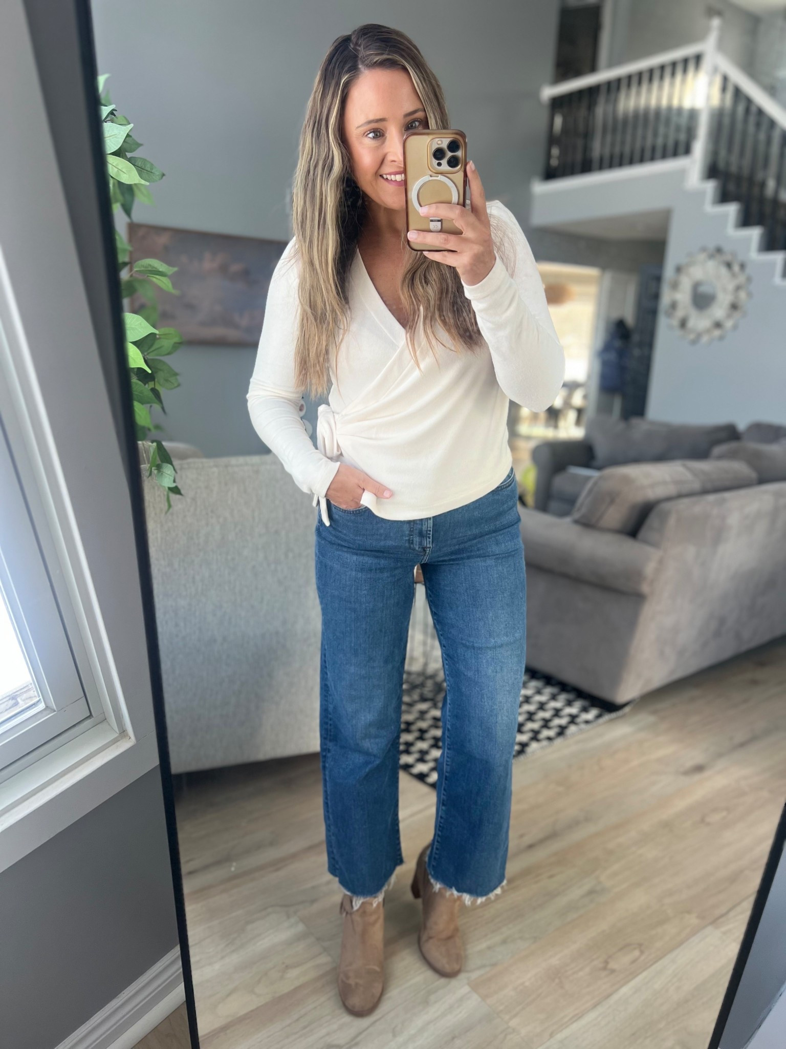 Loving this cozy wrap top, super soft and flattering. Perfect for our day today. 

#LTKSaleAlert #LTKootd #LTKOver40