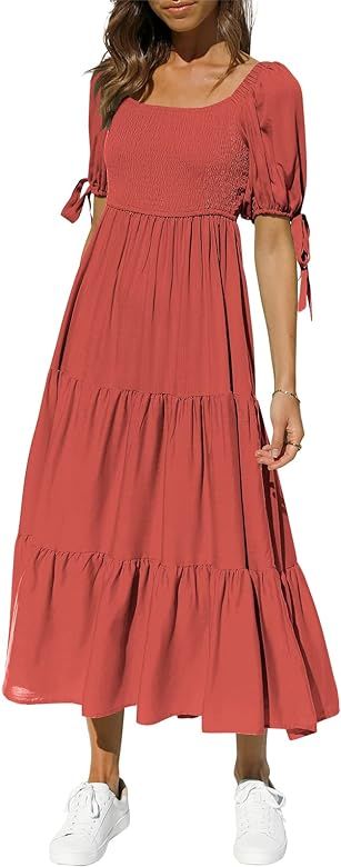 LOGENE Women Summer Square Neck Puff Sleeve Off Shoulder Ruffle Tiered Smocked Long Midi Dress | Amazon (US)