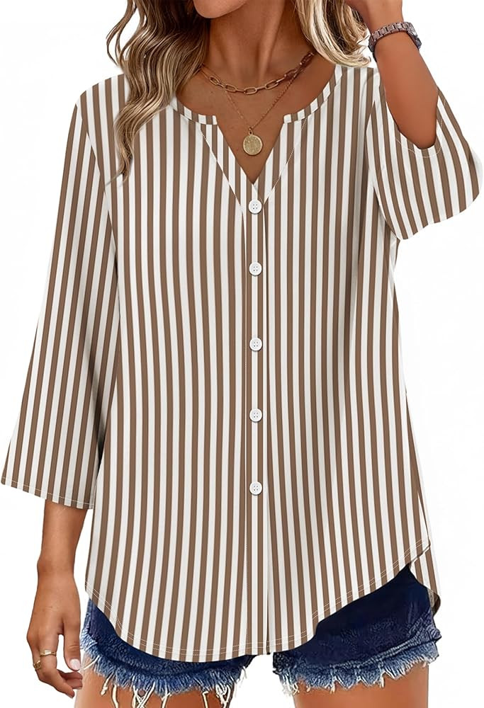 OFEEFAN Button Down Shirts for Women 3/4 Length Sleeve Tops V Neck Blouses Business Casual Outfit... | Amazon (US)