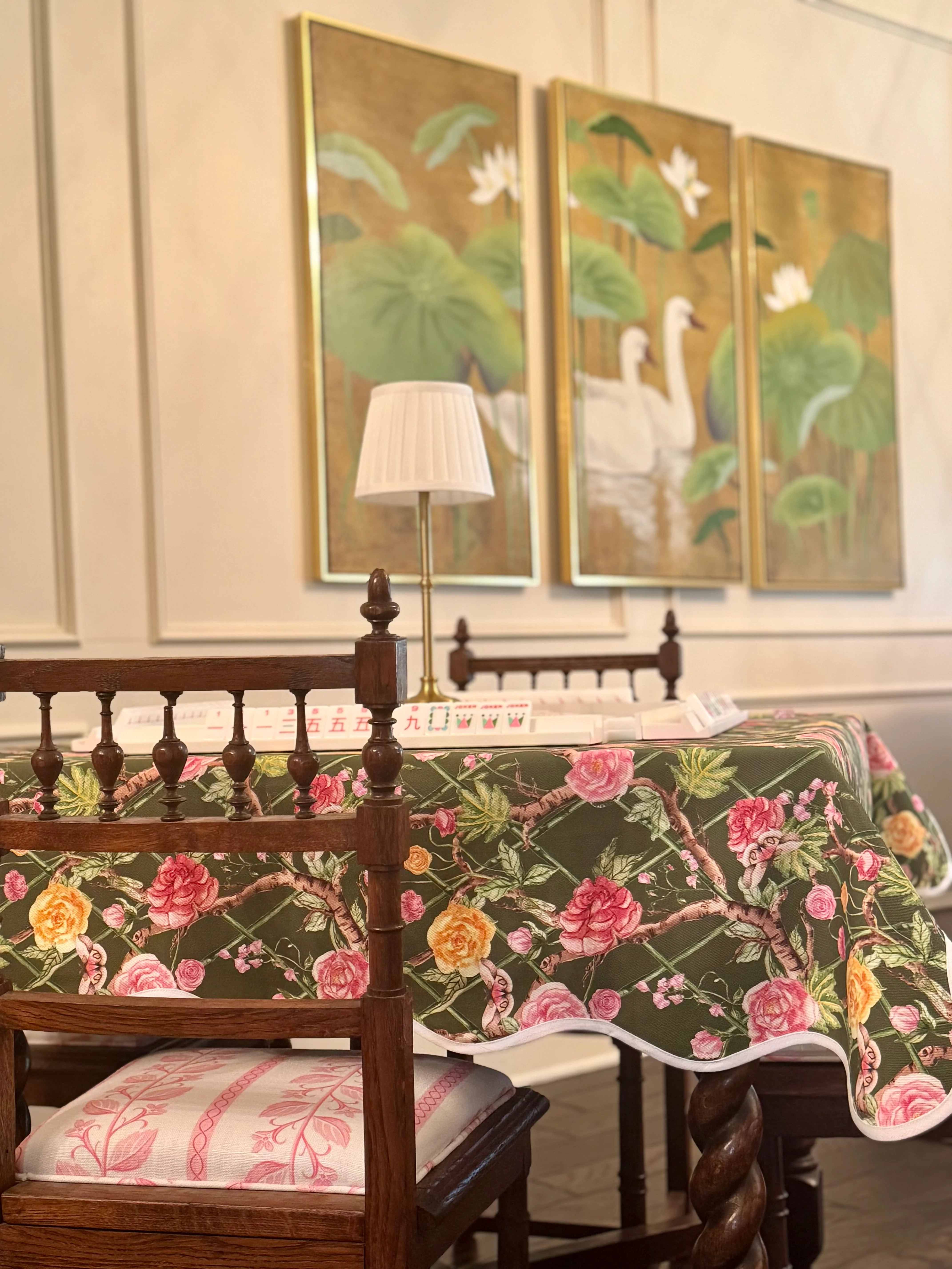 Scalloped Square Table Topper | Climbing Roses - Moss | Frances Fields Home