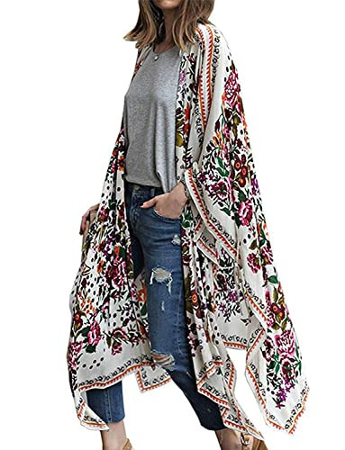 Womens Summer Kimonos Chiffon Floral Print Bikini Cover ups Long Robe Tops 2XL | Amazon (US)