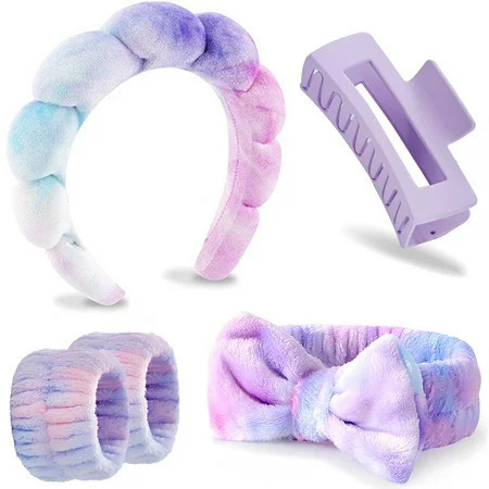 Spa Headband Wristband Set with Hair Clips – Puffy Makeup Headband for Women, Face Washing, Facial Mask, Shower Accessories, Gifts for Teen Girls | Walmart (US)