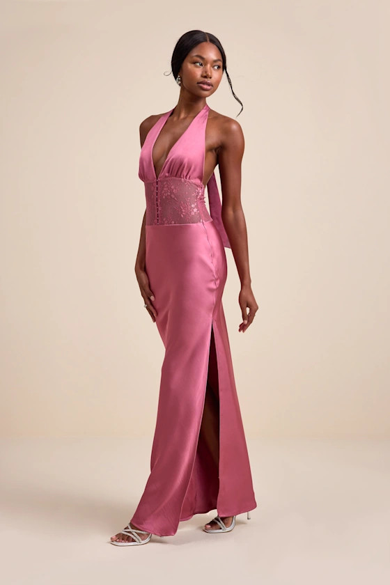Lennon Mauve Pink Satin Lace Halter Maxi Dress | Lulus