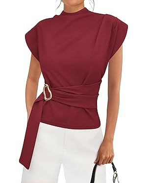 PRETTYGARDEN Women Blouses Spring Dressy Cap Sleeve Mock Neck Work Shirts Buckle Tunic Summer Bus... | Amazon (US)