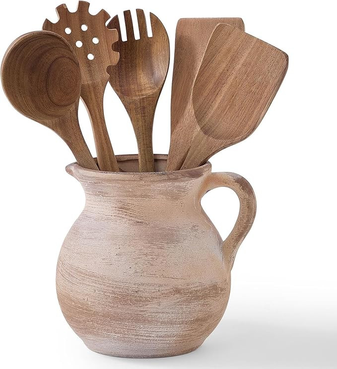 MIYUKI Rustic Kitchen Utensil Holder - 7.6 Inch Ceramic Utensil Crock for Countertop, Vintage Kit... | Amazon (US)