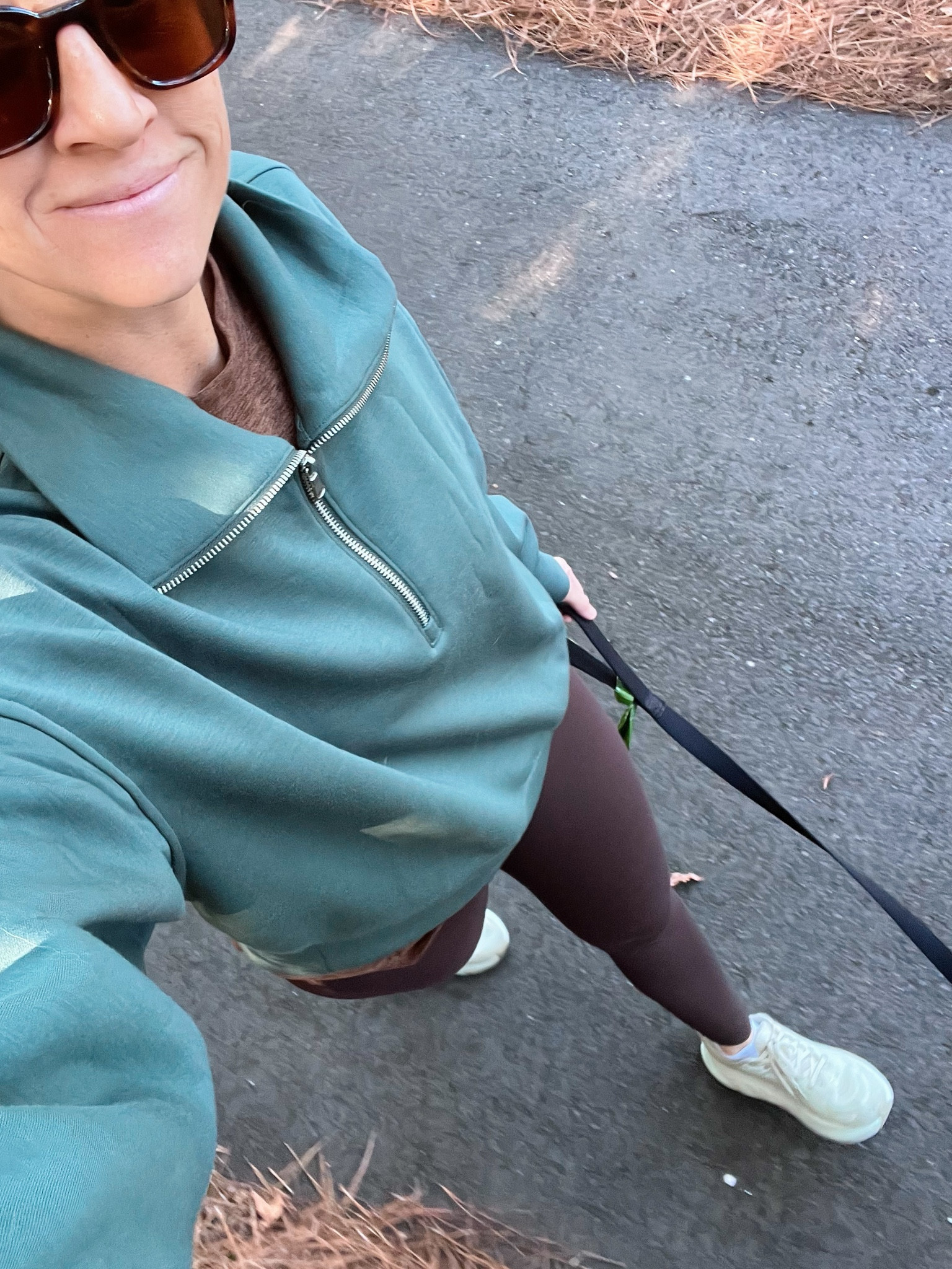 fall athleisure -.mom outfit - green half zip sweatshirt - dark brown leggings - wunder under legging - hoka sneakers

#LTKActive
