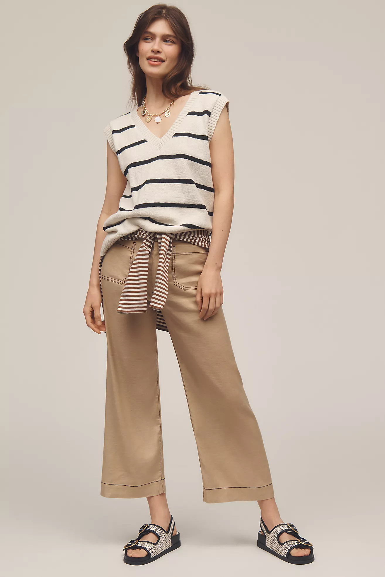 The Colette Contrast-Stitch Linen Crop Wide-Leg Pants by Maeve | Anthropologie (US)