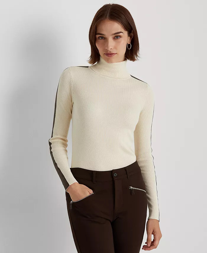 Faux-Leather-Trim Turtleneck Sweater | Macys (US)