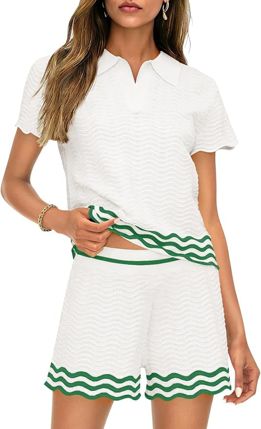 Saodimallsu Womens Sweater Sets 2 Piece Outfits Short Sleeve Polo V Neck Knit Tops Waves Shorts M... | Amazon (US)