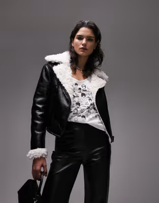 Topshop cropped faux shearling aviator jacket with shaggy faux fur lining in black | ASOS (Global)