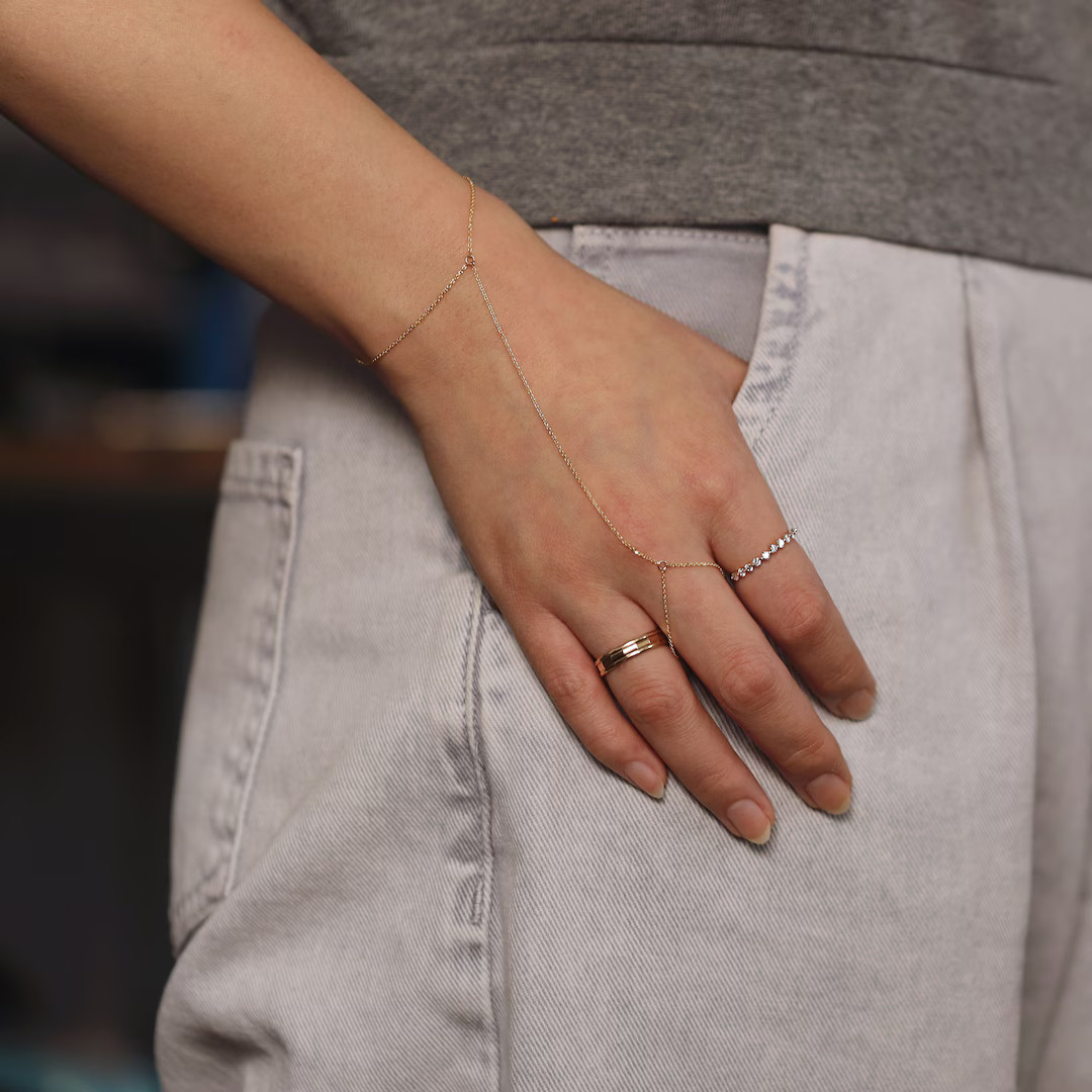 Rolo Chain Ring Bracelet, Gold Hand Chain Bracelet, 14K Solid Gold Finger Bracelet, Simple Chain ... | Etsy (US)