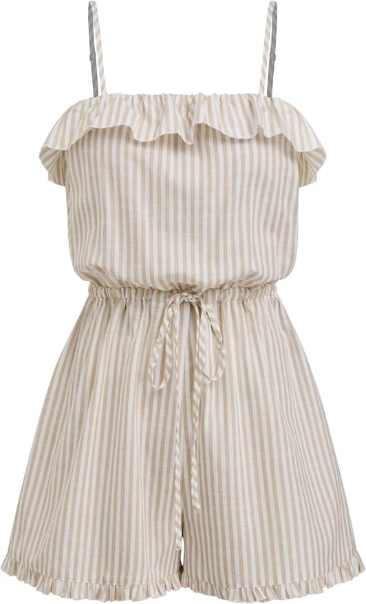 CIDER Womens Casual Rompers Sleeveless Ruffle Drawstring Striped Overall Shorts | Amazon (US)