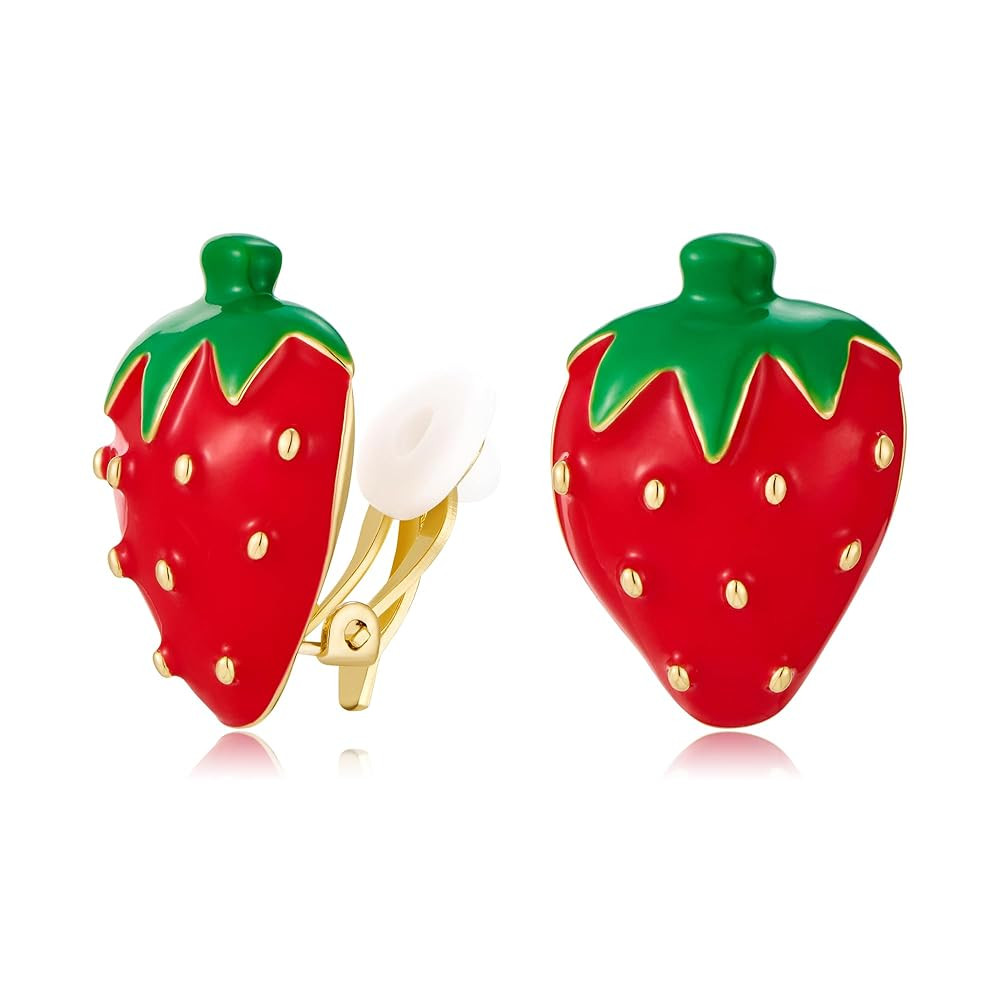 Strawberry Clip On Earrings for Women Red Cute Strawberry Cherry Clip On Earrings Summer Fruit No... | Amazon (US)