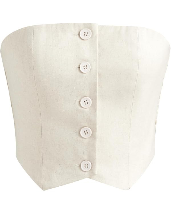 CIDER French Riviera Vacation Linen-blend Button Tube Crop Top | Amazon (US)