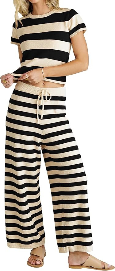 MISSACTIVER Women's Striped Two Piece Sweater Outfits Short Sleeve Pullover Tops and High Waisted... | Amazon (US)