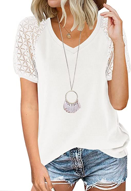 SYZRI Women's V Neck Lace Short Sleeve Shirts Tops Waffle Knit Loose Casual Tee Blouse | Amazon (US)