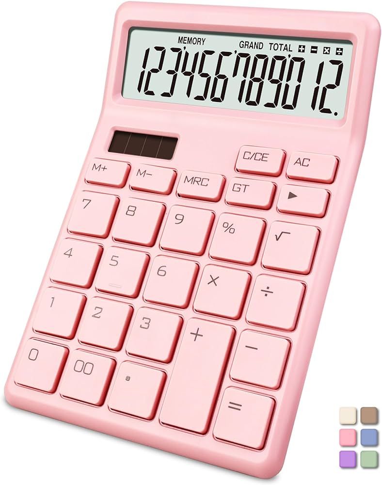 Exlliy Standard Calculator 12 Digit,Pink Desktop Dual Power Battery and Solar,Desk Calculators wi... | Amazon (US)