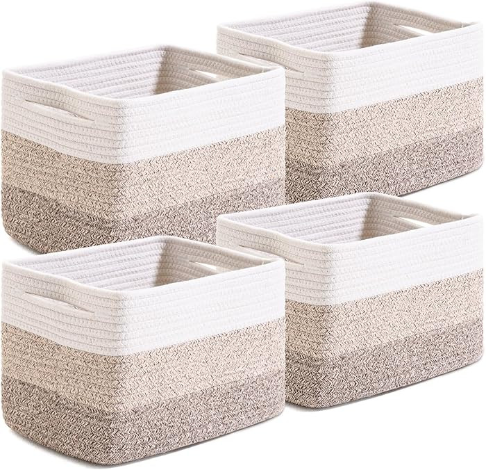 Small Storage Baskets for Organizing Shelves, Woven Cotton Rope Basket for Storage, Cute Rectangu... | Amazon (US)