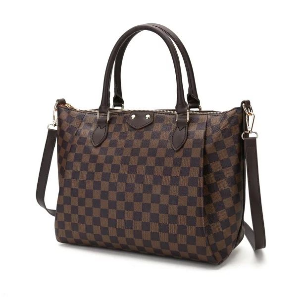 TWENTY FOUR Checkered Tote Shoulder Bag Large Handbags for Women - PU Vegan Leather (Brown) - Wal... | Walmart (US)