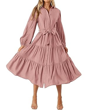 MASCOMODA Womens Dresses 2025 Fall Long Sleeve Midi Dress Casual V Neck Button Down Tiered Flowy ... | Amazon (US)