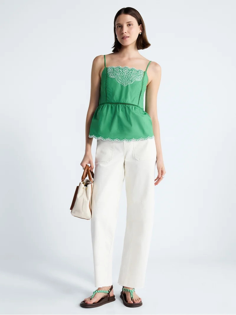 Free Assembly Women's Embroidered Cotton Tank Top with Peplum Hem, Sizes XS-XXL | Walmart (US)