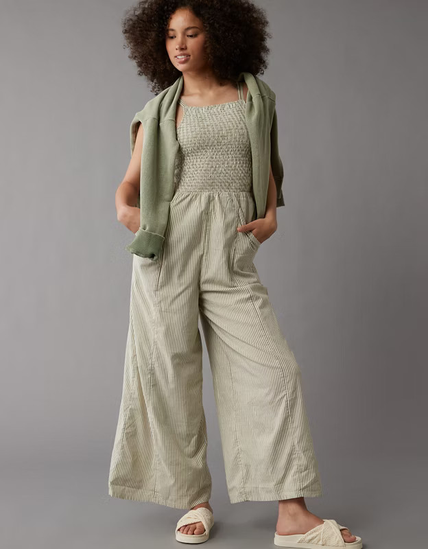 AE Striped High Neck Smocked Jumpsuit | American Eagle Outfitters (US & CA)
