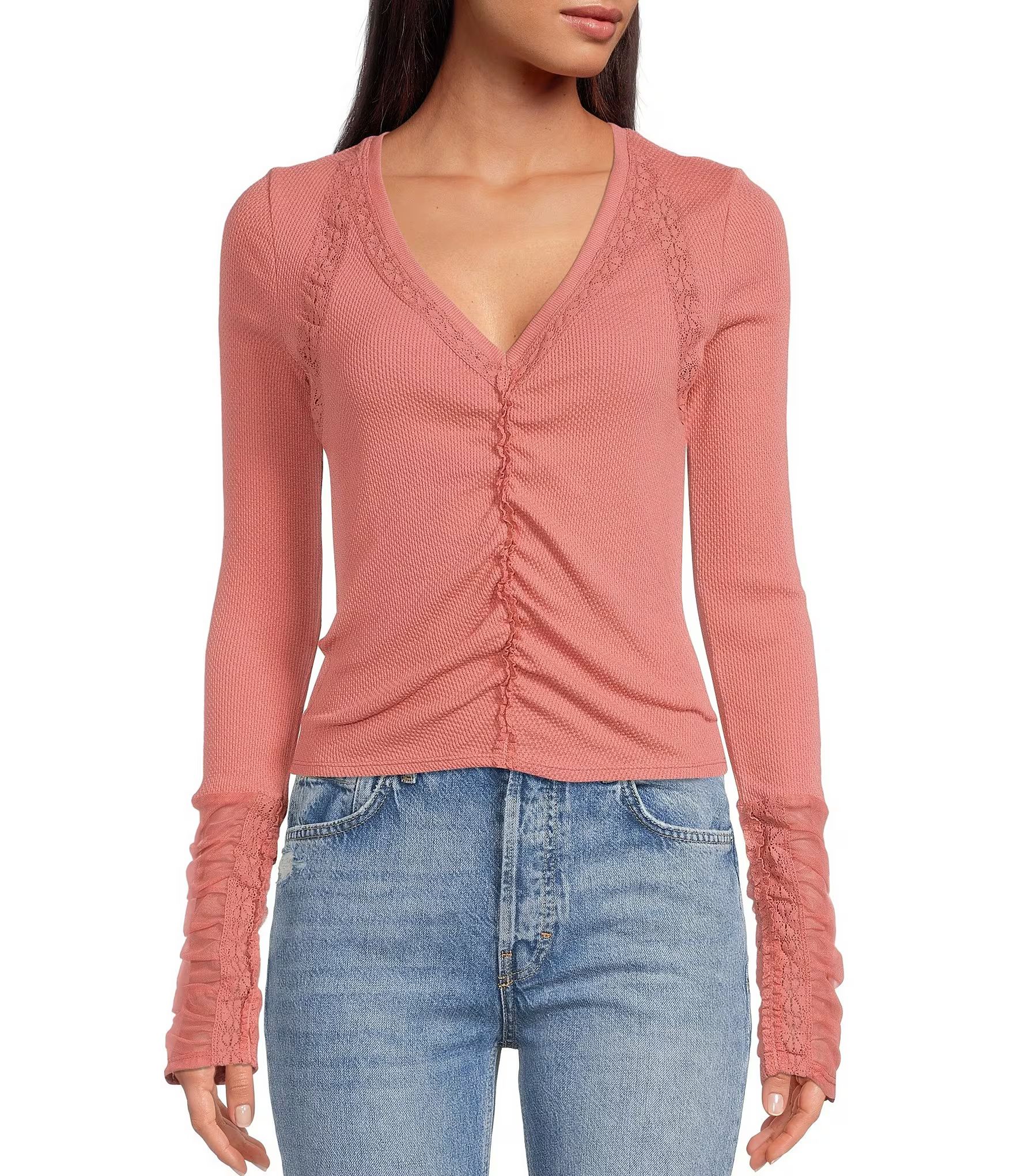 Wear Me Out Knit Lace Inset Detail V-Neck Long Sleeve Front Ruched Top | Dillard's