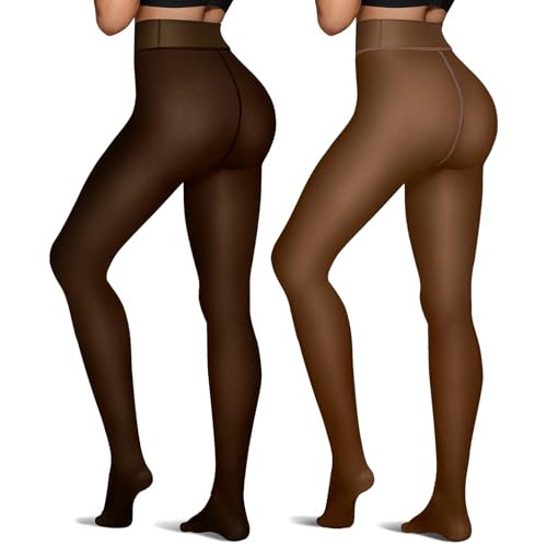 OEAK Womens 2 Pairs Fleece Lined Tights Leggings Sheer Fake Translucent Pantyhose Thermal High Waisted Footed Opaque Tights Black + Coffee 300g L/XL | Amazon (US)