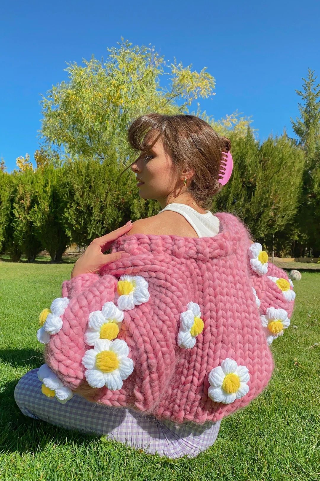 Heyays Pink Daisy Knit Cardigan Handmade Merino Wool Fluffy Flowers Floral Cardigan Winter Cottag... | Etsy (US)