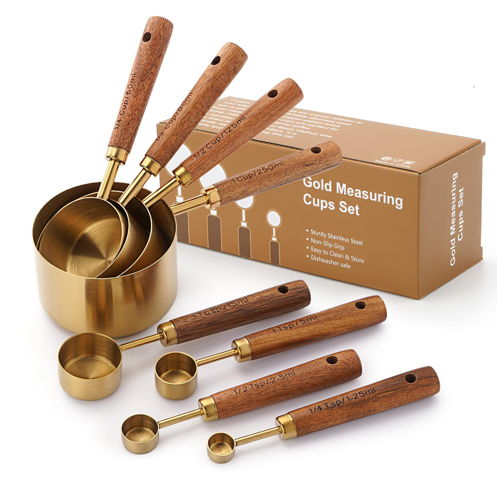 SHIKORI Gold Measuring Cups and Spoons Set with Wood Handles, Premium Stainless Steel Measuring S... | Amazon (US)