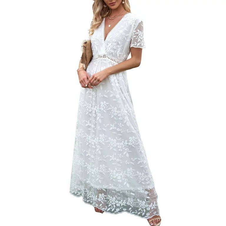 Eytino Women's Maxi Dress V Neck Floral Lace Wedding Dress Short Sleeve Bridesmaid, Walmart Dress | Walmart (US)