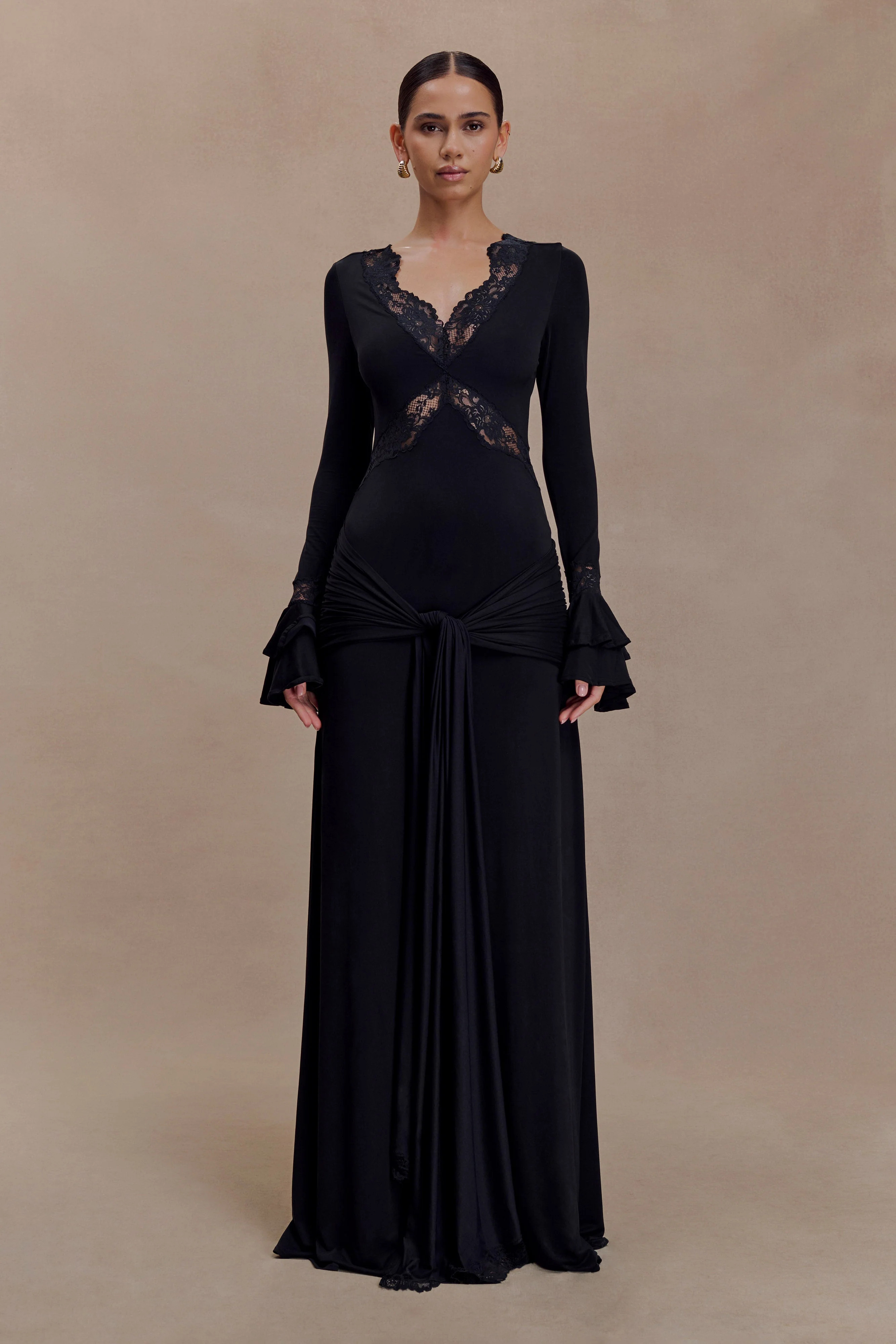 Electra Slinky Lace Maxi Dress - Black | Meshki UK