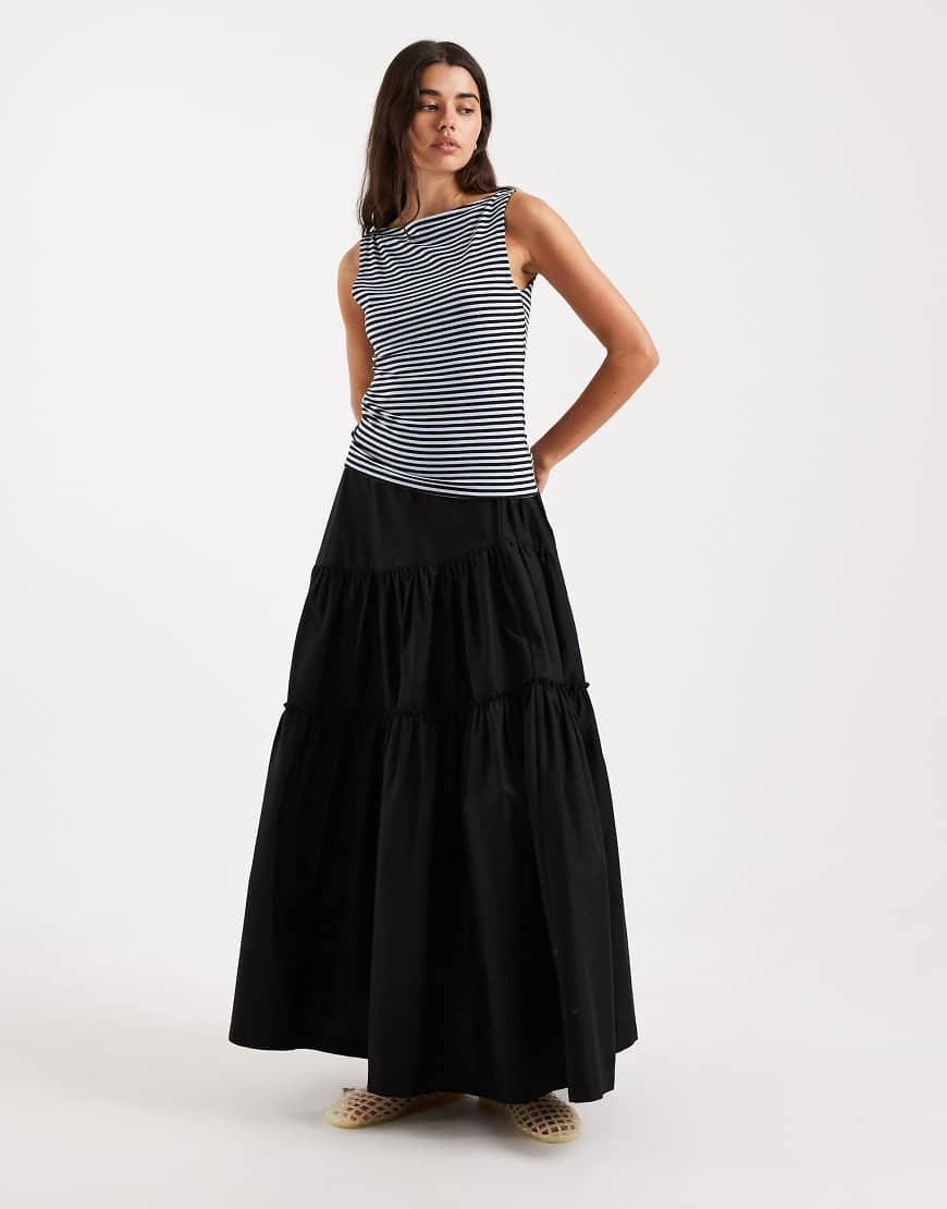 ASOS DESIGN asymmetric tiered boho maxi skirt in black | ASOS (Global)
