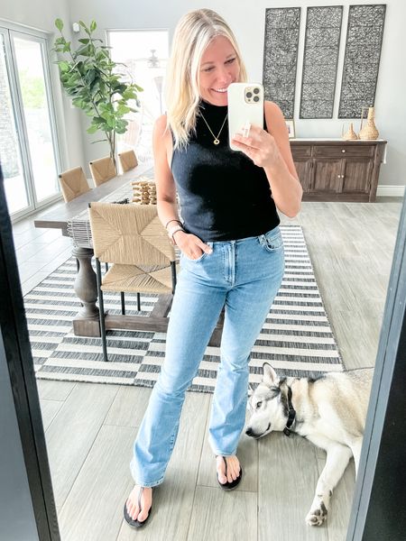 Love these flare leg jeans with those black ribbed black turtle back sandals and a gold necklace. Size 26 and the jeans and small in the tank top. Summer to fall transition outfit ideas jeans denim Evereve Amazon fashion

#LTKstyletip #LTKshoecrush #LTKSeasonal