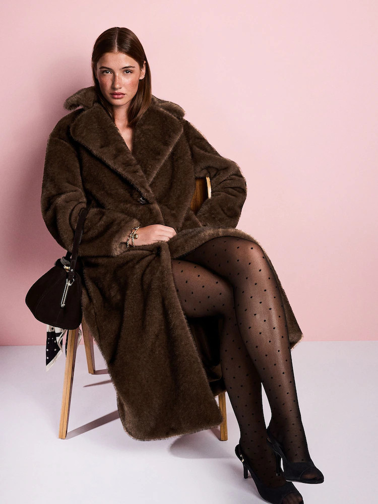 Chocolate Brown Tabitha Simmons X Next Premium Long Faux Fur Coat | Next US