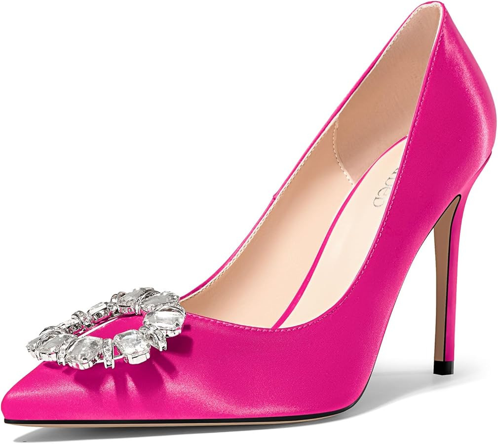 TNYNFBEB Womens Stiletto High Heel Pointed Toe Pumps Slip-on Satin Buckle Rhinestone Crystal Wedd... | Amazon (US)