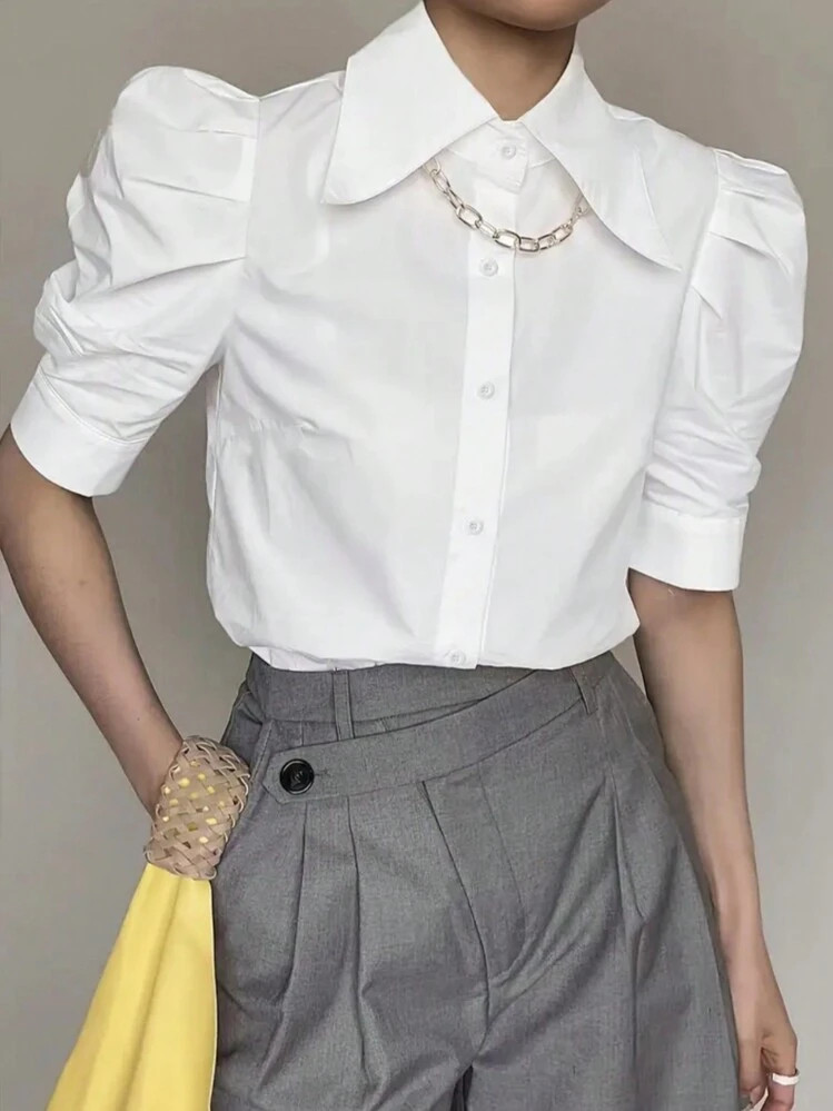 INAWLY Women's Plain Short Puff Sleeve Single-Breasted Casual Shirt | SHEIN